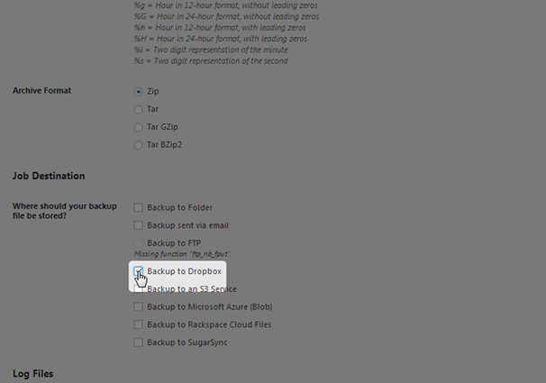 BackWPup - Choose Dropbox