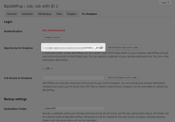 BackWPup - Dropbox Auth Code