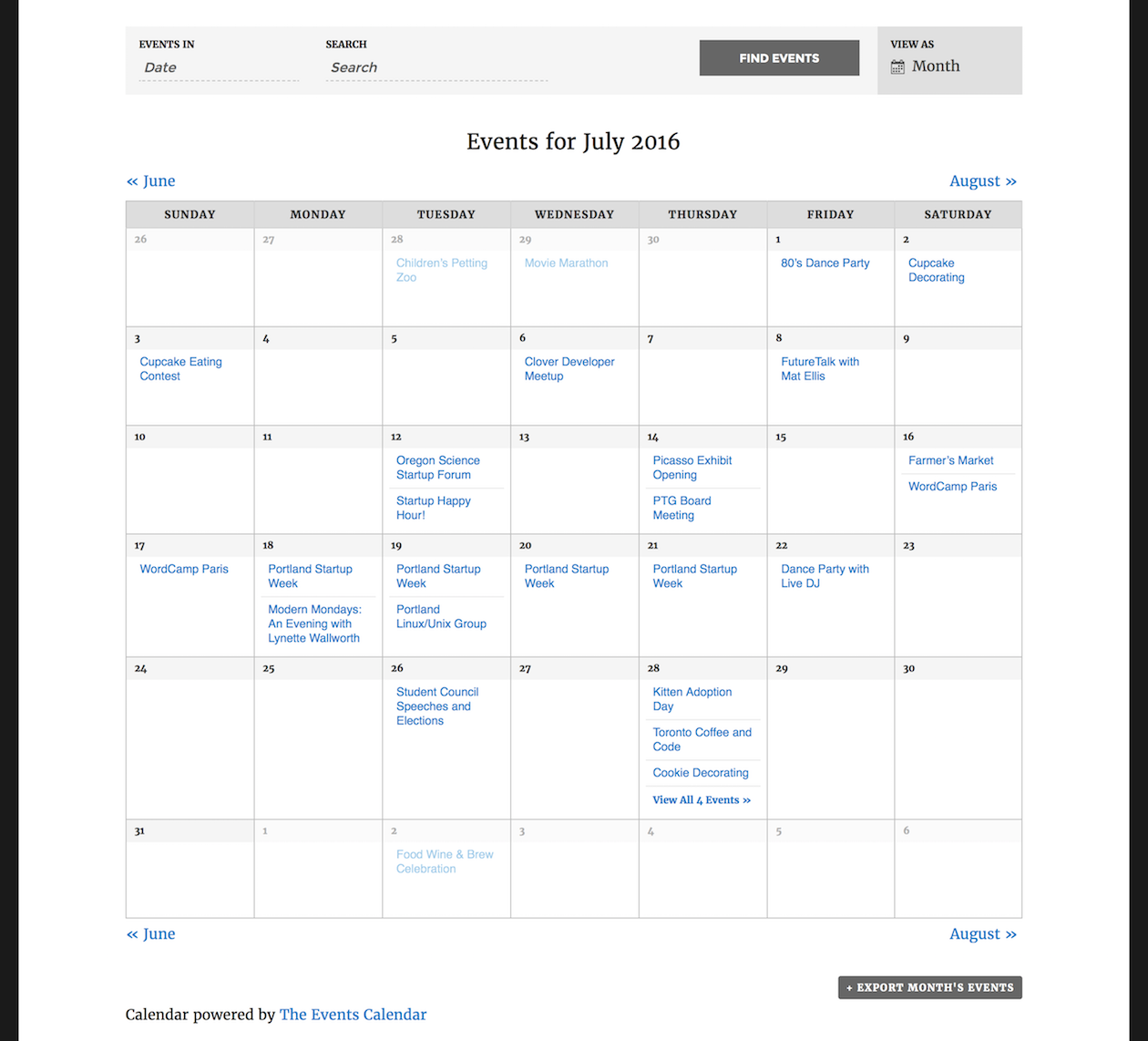 Viewing Events, Events Calendar