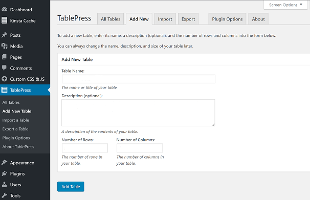 Creating Table with TablePress