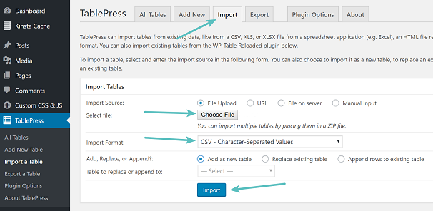 Creating Table with TablePress, Settings