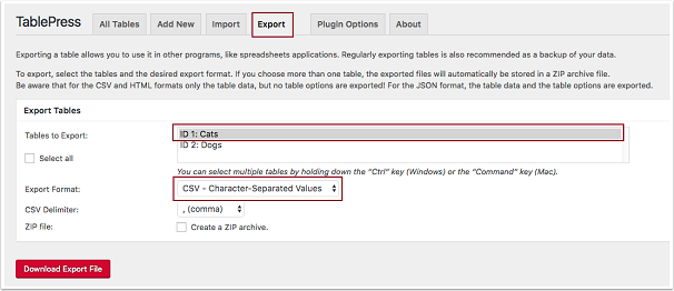 Creating Table with TablePress, settings