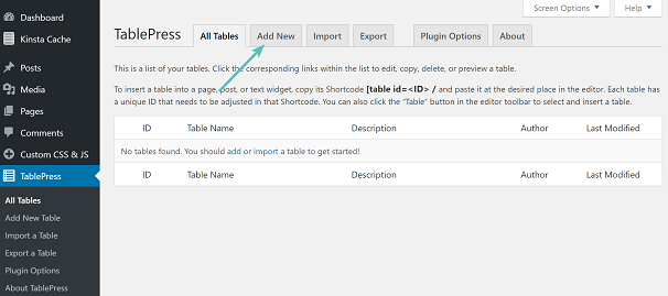 Creating Table with TablePress