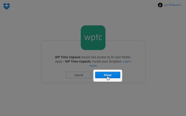 WP Time Capsule - Allow Dropbox Access