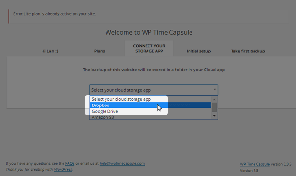 WP Time Capsule - Choose Dropbox